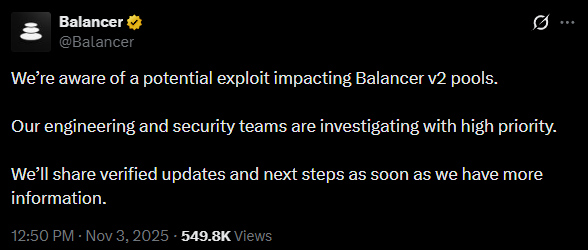 Сообщение о взломе на официальной странице Balancer в X