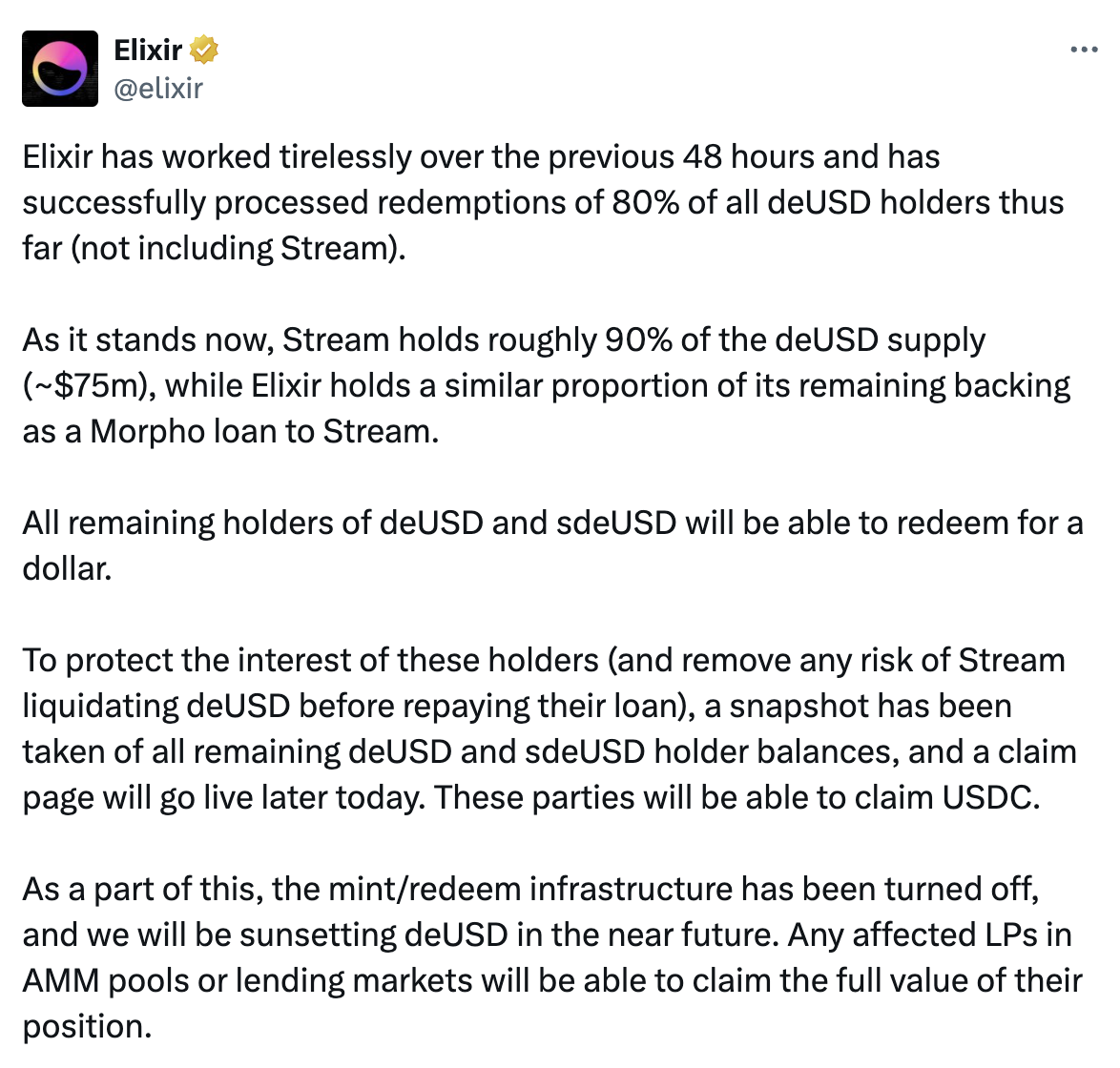 Elixir ликвидирует стейблкоин deUSD после убытков Stream Finance на $93 млн