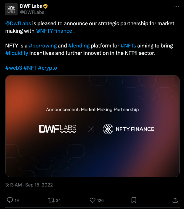 Announcement of the partnership between DWF Labs and NFTY.
