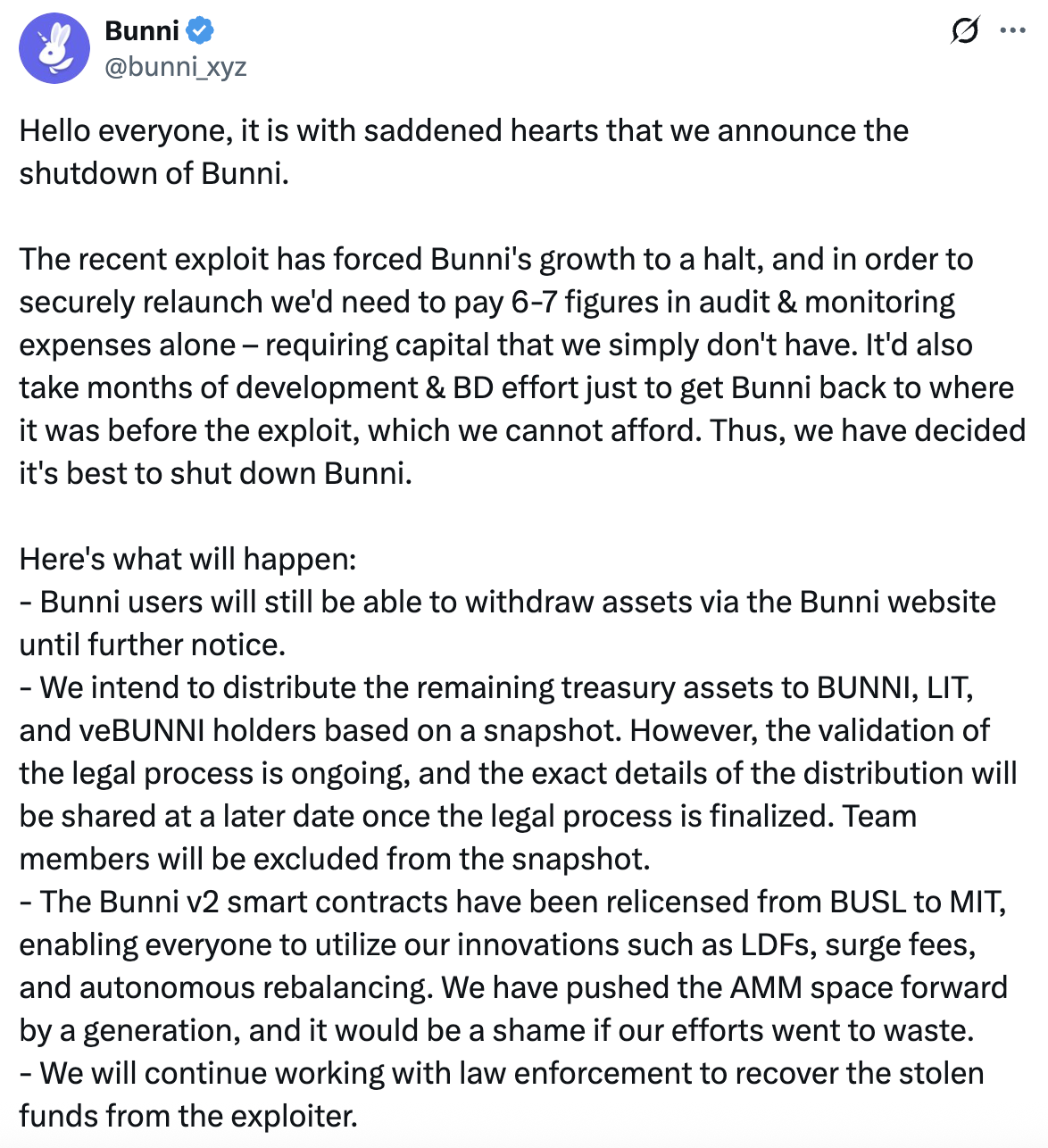 Биржа Bunni объявила о закрытии