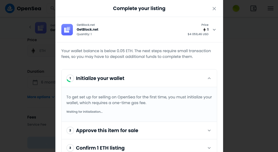 OpenSea complete your listing